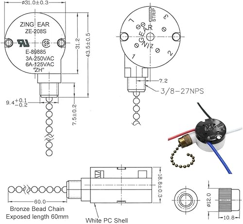 Miniatura 3 de Zing Ear ZE-208s E89885 - Interruptor de cadena de 3 velocidades y 4 cables con 4 cables preinstalados, pieza de repuesto para Hunter, Hampton Bay,