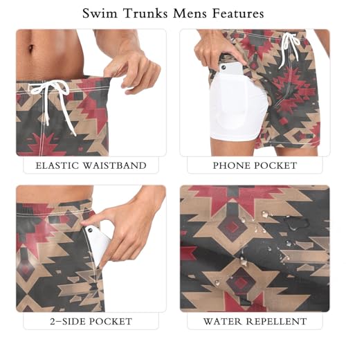 Mens Swim Trunks with Liner, Red Tribe Pattern Abstract Cool Quick Dry Beach Swim Shorts, Swimwear Bathing Suits S3