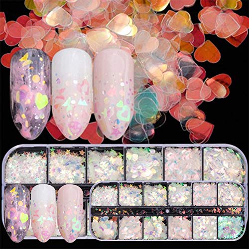 Nail Sequins,2 Box/24 Grids Heart-Shaped,Stars, Moon Holographic Glitter Nail Art Sequins,Nail Art Flake for Nail Art & Crafts,Nail Art Supplies,Make Up DIY Decals Decoration