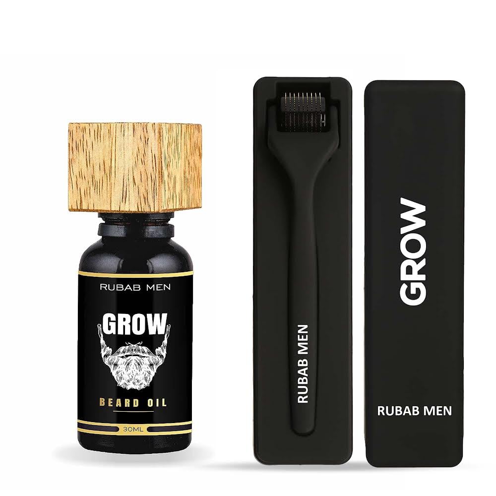 RUBAB MEN Advance Beard Growth Kit for Men | Vitamin-E Booster Growth Oil & Premium 0.5mm Activator Beard Derma Roller for Men| Faster, Fuller & Thicker Growth of Patchy Beard