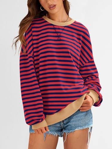Image of PRETTYGARDEN Womens Striped Oversized Sweatshirt Color Block Crew Neck Long Sleeve Casual Loose Pullover Top Y2K Clothes