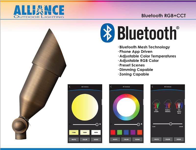 Alliance Outdoor Lighting BL200-BT Bluetooth Bullet Light, Integrated LED Bluetooth Landscape Lighting, Dimmable Path Spotlight, Solid Brass with Aged Brass Finish, 7.25 in x 2.5 in x 1.75 in
