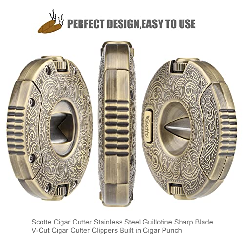 Scotte Cigar Cutter Stainless Steel Guillotine Sharp Blade V-Cut Cigar Cutter Clippers Built in Cigar Punch (Gold) - Thumbnail 2