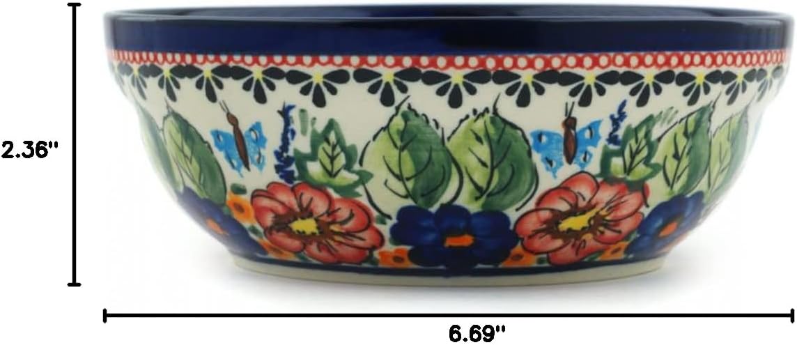 Polmedia Polish Pottery Bowl 7-inch UNIKAT - Spring Splendor Pattern Handmade in Boleslawiec Poland + Certificate of Authenticity