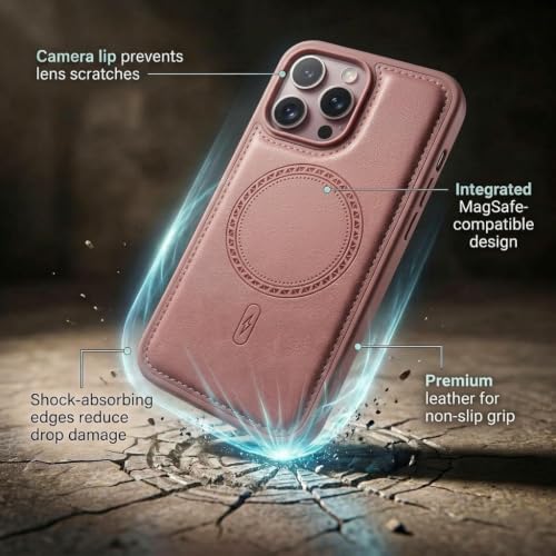 Image of amazon basics Premium PU Leather Case for iPhone 15 Pro, MagSafe Compatible Magnetic Ring, Sleek Protective Back Cover - [Pink]