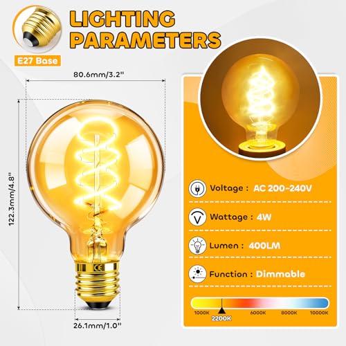Ampoule LED Edison E27 vintage dimmable blanc chaud 2200K globe G80 rétro