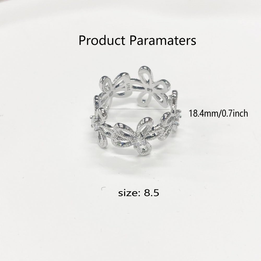 Brushed CZ Daisy Flower Statement Ring for Women Silver Plated Dainty Adjustable Expandable Cherry Blossom Open Wrap Finger Rings Comfort Fit Elegant Wedding Engagement Party Jewelry Gift - Image 6