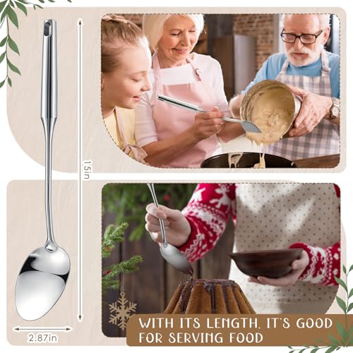 LOYIM 2 Pcs Stainless Steel Cooking Spoon 14.76\'\' Long Handle Metal Spoon Solid Spoon for Cooking, Basting, Serving, Dishwasher