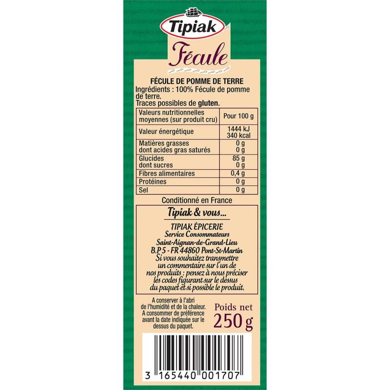 Fécule de Pomme de Terre - Astuce Gourmande de Cuisine - Marque TIPIAK - 250g Enhance votre Cuisine avec cette Fécule de Qualité - Idéale pour Sauces et Bou - Le Lot De 4