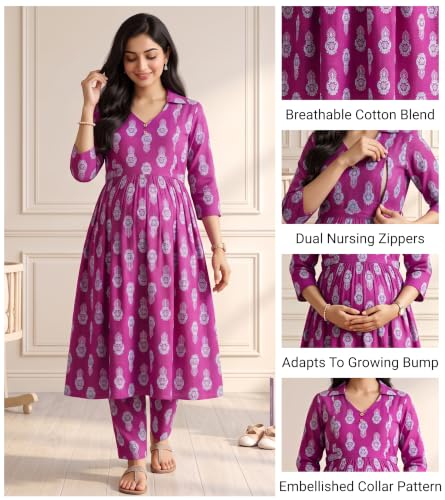 Image of DUMMY SHAPE Maternity Dresses for Women Cotton | Floral Kurta Pant Dupatta Set with Nursing Zippers, Side Pocket | Pre & Post Pregnancy | Feeding Kurti Suit | Baby Shower | Gifts for Pregnant Woman
