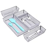 WuGeShop Mesh Silverware Tray Drawer Organizer, Kitchen Utensils Flatware with Anti-slip Mats, Silverware Storage Cutlery Tray for Knives Fork Spoon (5 Separate Compartments, Silver)