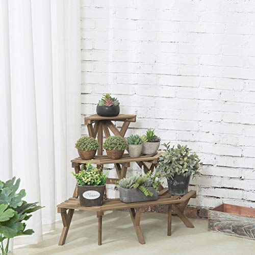 Mygift Rustic Brown Wood Indoor Plant Stand, Freestanding 3 Tier Corner Flower Pot Shelf Display Rack #TOP2