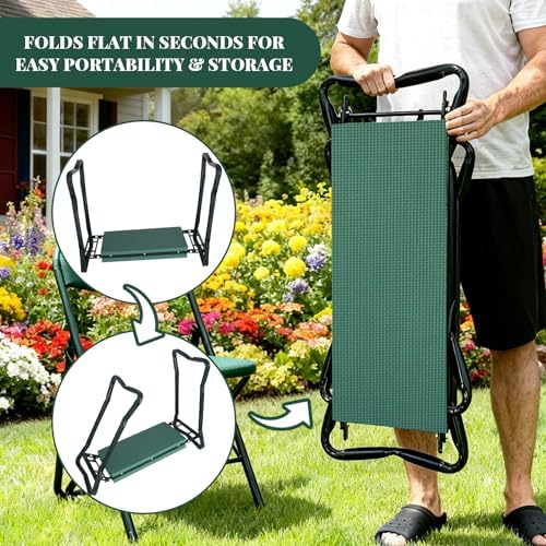 Rodilleras y asiento de jardín mejorado con almohadilla suave gruesa y ampliada, banco de jardinería resistente y asiento plegable con 2 bolsas de herramientas, regalos para mujeres, personas mayores