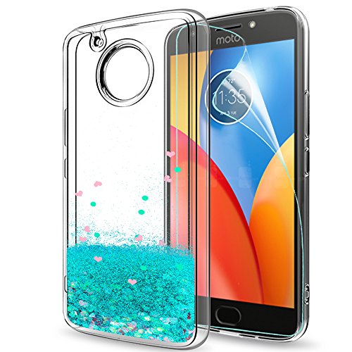 LeYi for Moto E4 Plus Glitter Case (USA Version) (Not Fit E4) with HD Screen Protector for Girls Women,Bling Shiny Quicksand Liquid Clear TPU Protective Case for Moto E Plus (4th Generation) Turquoise