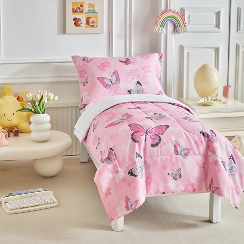 Image of Butterfly Toddler Bedding Set for Girls Pink Colorful Butterfly 4PC Toddler Bed Set - Soft Pink Flowers Cute Princess Toddler Bed in a Bag with White Sheet Set and Pillow Shams