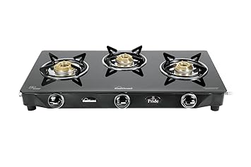 Sunflame PRIDE 3 Burner Gas Stove, Manual Ignition with Toughened Glass Top, Powder Coated GP Sheet Base Body, 3 Brass Burners (Black)