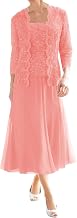 Mother of The Bride Dresses with Jacket Chiffon Tea Length Wedding Guest Dresses for Women Lace Formal Evening Dress