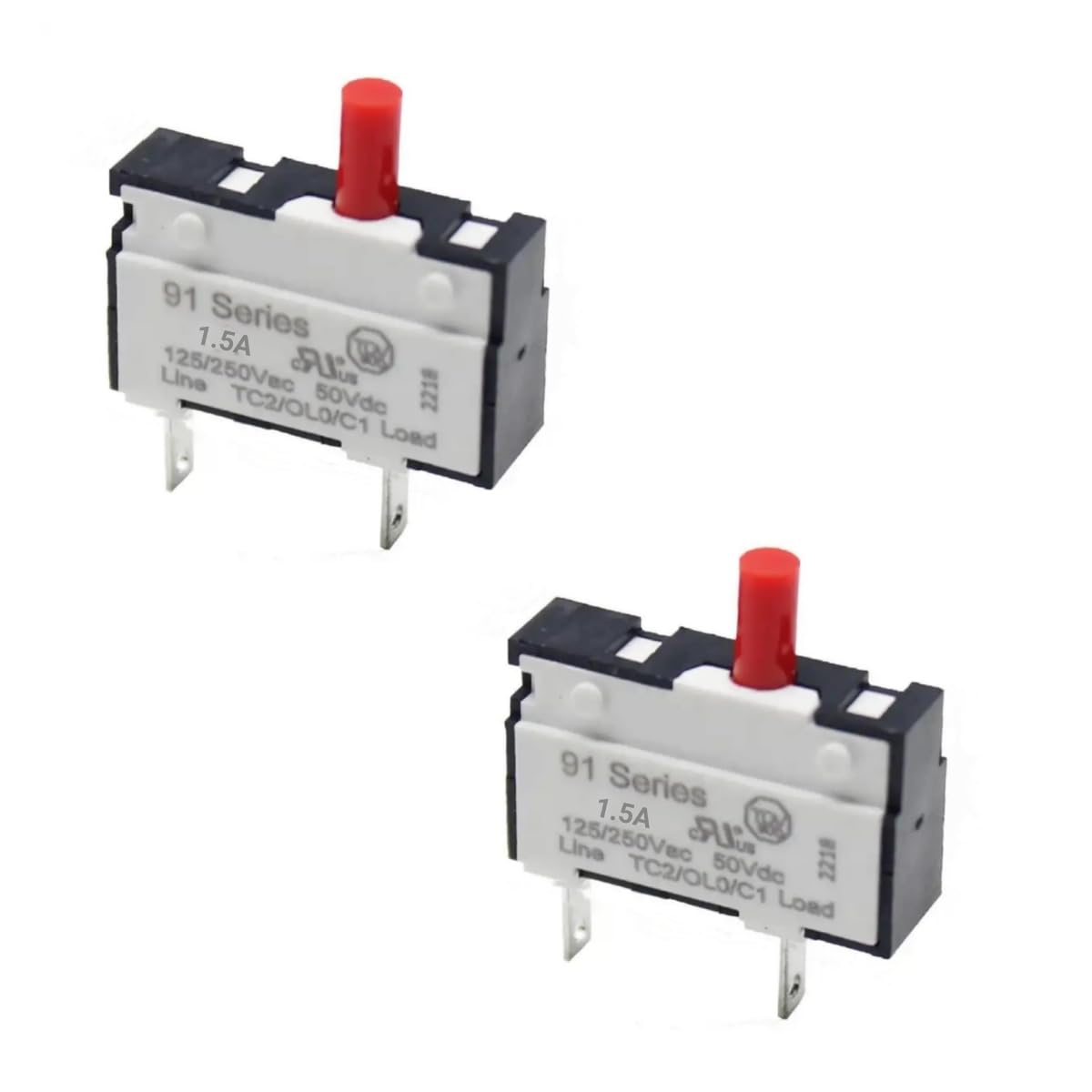 2pcs 1.5A Thermal Overload Protector Circuit Breaker, 125/250VAC 32/50VDC 91 Series Quick Connect Terminals Push-to-Reset(1Amp, 2 Pack), Black White