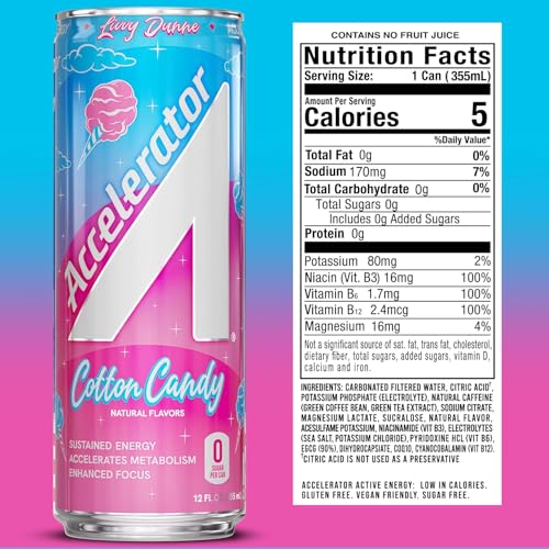 Image of Accelerator Active Energy Drink, Cotton Candy 12oz can (12 pack) | Zero Sugar, Sustained Energy from 100% Natural Caffeine (200mg from Green Coffee Bean & Green Tea extract)