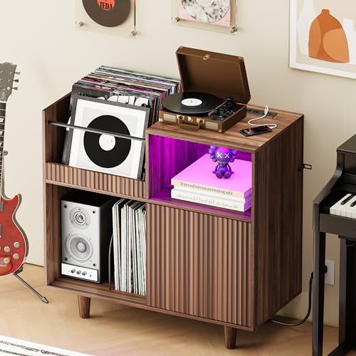 Large Record Player Stand with Power Outlets & LED Lights
