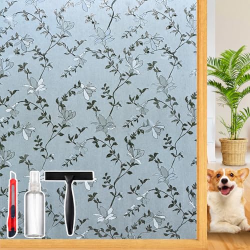 Image of Frosted Glass Window Film with Elegant Flower Design, Bathroom Window Privacy Film for Glass Windows Cover, Static Cling, Removable, Reusable, Anti-UV, Anti-Glare, 17.5 Inch * 78.74 Inch