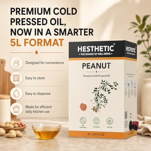 Image of HESTHETIC Cold Pressed Peanut (Groundnut) Oil 5L Bag-in-Box | Pure Moongfali Ka Tel | Unrefined High-Smoke-Point Cooking Oil, Rich in MUFA | Ideal for Indian Kitchen
