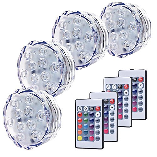 Submersible LED Lights, RGB MultiColor Waterproof Accent Lights with 10 LED, IR Remote Control, Battery Powered for Pond, Fountain, Halloween (4)