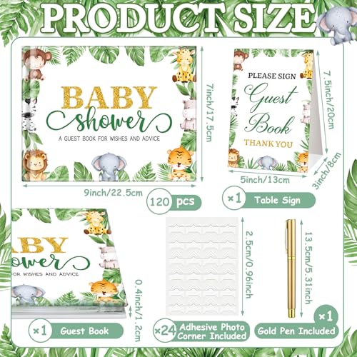 Image of Fuyoooo 27 Pcs Safari Animal Baby Shower Guest Book Set Baby Shower Sign in Guest Floral Book Place Table Cards with Gold Pen Adhesive Photo Corner for Birthday Party
