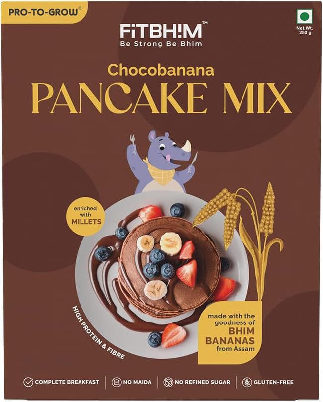 Pro To Grow Fitbhim Chocobanana Pancake Mix 250g | Enriched with Bhim Banana Gluten Free Mix with High Protein & Fiber | No Refined Sugar | Healthy Breakfast Mix for Kids & Adults