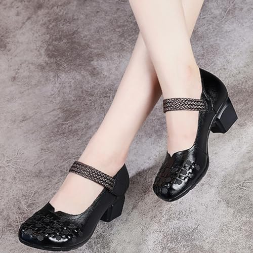 Women's Leather Printed Chunky Heel Mary Jane Shoes, Fashion Vintage Closed Wide Toe Adjustable Hook and Loop Low Block Heel Pumps, Comfortable Breathable Casual Backless Mom Pumps4