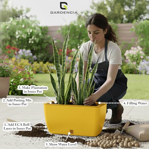 Image of GARDENCIA Self Watering Flower Pots for Outdoor Indoor Gardening /Rectangle Big Plant Pot with Polypropylene UV Material /Decorative Modern Gamla (Yellow, Pack of 6)