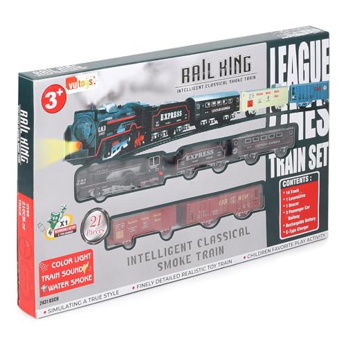 Image of VU Toys Big Rail King Train Set- Rechargeable Battery Operated Steam Engine, Coal, Passenger, 2 Maroon Container and 10 Round & 4 Straight Tracks - with Smoke, Light & Music