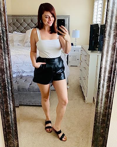 luvamia Faux Leather Shorts for Women High Waisted Pleated Wide Leg Stretchy Shorts with Pockets PU Leather Pants3