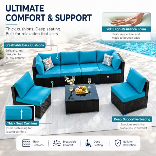 Image of 7 Piece Outdoor Sectional Outdoor Patio Furniture Set, Outdoor Patio Furniture Set with Coffee Table, Sectional Couch Sofa with Cushions, Wicker Outdoor Conversation Set for Backyard & Garden, Blue