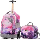 NEW TILAMI 16 Inch Rolling Backpack with Lunch Bag for Kids Adjustable Handle Carry-on Suitcase Wheels for Girls Boys School Travel Camping, Pink - Purple Galaxy