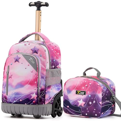 NEW TILAMI 16 Inch Rolling Backpack with Lunch Bag for Kids Adjustable Handle Carry-on Suitcase Wheels for Girls Boys School Travel Camping Pink - Purple Galaxy