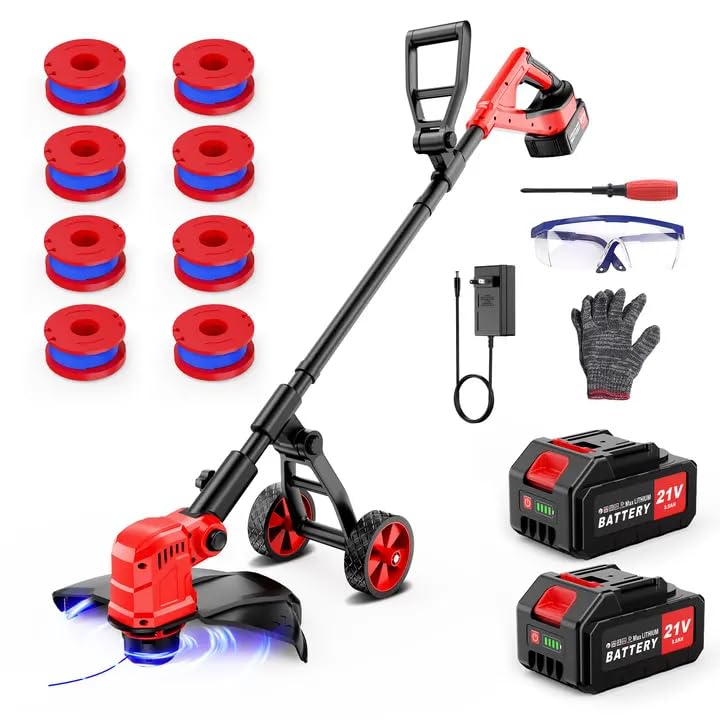 21V Cordless String Trimmer with 2 X 3.0Ah Battery and Charger, Electric Weed Wacker String Trimmer with 14' Cutting Width, Lawn Edger for Lawn, Garden, Yard(8Pcs Spool Line)