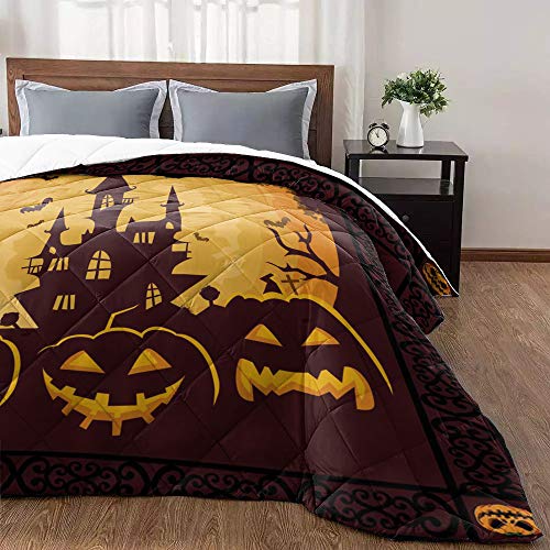 Arts Language Bedspread Quilt Oversized King Halloween Castle Pumpkin Silhouette Bat All-Season Comforter Duvet Insert Or Stand-Alone Comforter, Soft Coverlet Bed/Sofa Blanket For Adults Kids #TOP2