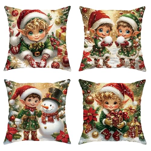 Set di 4 federe per cuscini natalizi, con simpatici personaggi