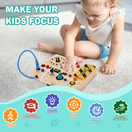 Montessori Busy Board for toddlers for 1 year old Activity Board Wooden Toy With 10 Switches and 23 LED Lights Sensory Board Motor Skills Toy for Babies and Children from 2 3 4 years Boys and Girls - Image 4
