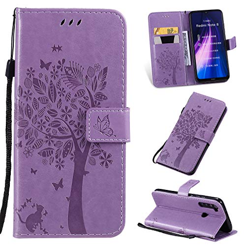 Zchen Funda Xiaomi Redmi Note 8, Funda Piel con Tapa Suave TPU y Cuero de PU Tipo Libro Billetera Resistente a los Golpes Carcasa para Xiaomi Redmi Note 8 (Gato-Morado)