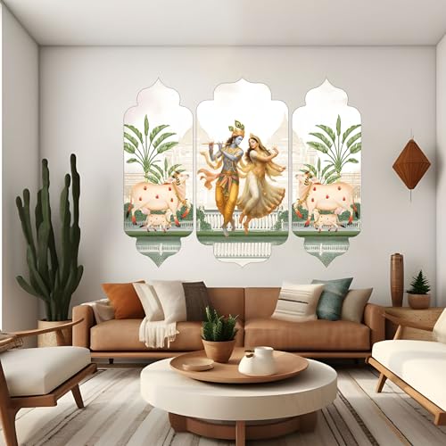 Image of DESIGN YAAR Radha Krishna Traditional Pichwai Wall Mural, Set of 3, 60L x 48W Inch