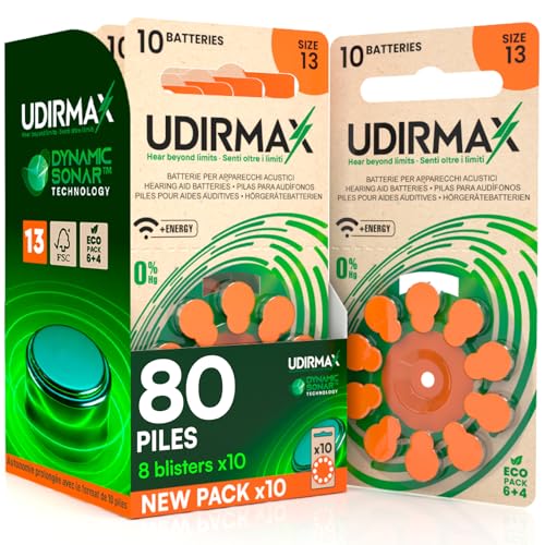 80 Piles Auditives Udirmax Taille 13 PR48 Orange Zinc-Air Eco Pack - 8 Blisters Écologiques de 10 Piles
