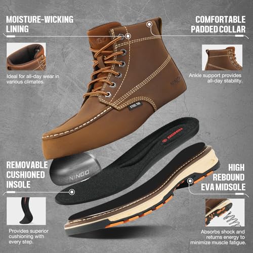 Image of NINGO Steel Toe Work Boots for Men, Puncture Proof & Non Slip Work Boots, Mens Safety Moc Toe Work Shoes with EH Protection, Water & Oil Resistant for Construction, Hunting, Welding