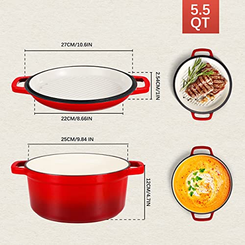 2 In 1 Enameled Cast Iron Dutch Oven, 5.5Qt Enamel Dutch Oven With Skillet Lid, Gas, Induction Compatible, Red #TOP2