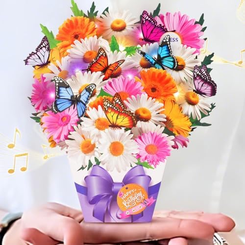 Mini Birthday Cards, Birthday Card with Music and Light, Flower Bouquet 3D Card with Butterflies for Mom, Women, Wife (Birthday Daisy)