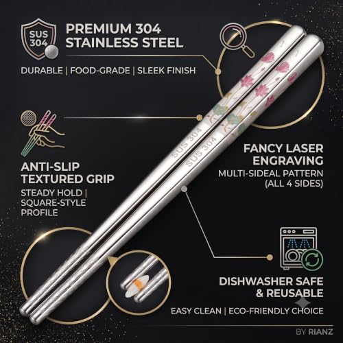 Image of RIANZ Metal Chopsticks Reusable Dishwasher Safe, Chinese Japanese Korean 316 Stainless Steel Chopstick, Square Fancy Color Laser Engraved Chopstick for Cooking Eating, Non-Slip 1 Pair (Style 3)
