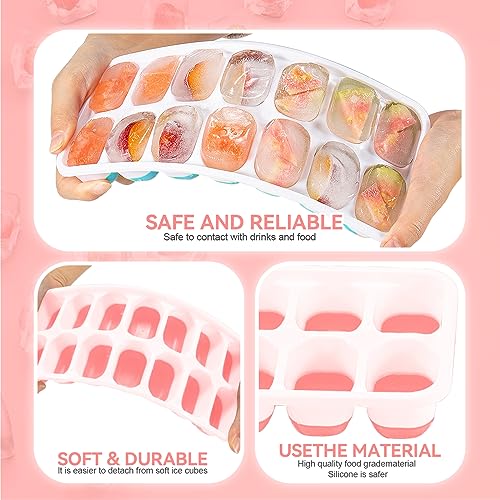 4 Pack Ice Cube Trays,Easy-Release & Flexible 14-Ice Cube Trays with Spill-Resistant Removable Lid, Silicone Ice Tray,Stackable Ice Cube Molds for Chilling Drinks, Whiskeys, Cocktails (Cherry pink)