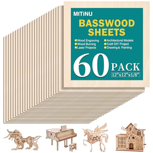 60 Pack Basswood Sheets for Crafts 12x12x1/8 3mm Thick Plywood Sheets with Smooth Surfaces-Unfinished Squares Wood Boards for Laser Cutting Wood Burning Architectural Models Staining