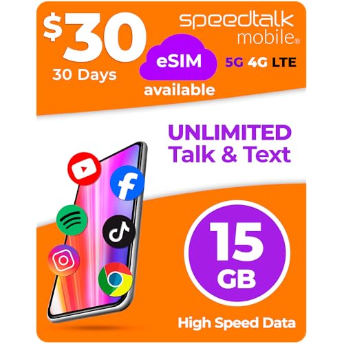 SpeedTalk Mobile Unlimited Call (Mins) & Text (SMS) & 15GB 5G 4G LTE Data Phone Plan- GSM SIM Card - 30 Days Nationwide Service - Three in One Triple Cut SIM